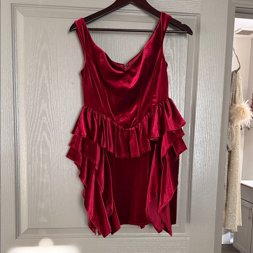 ASOS Asymmetrical Velvet Dress in Rich Red
